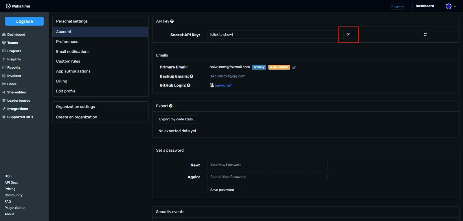 WakaTime 账号的 API Key 页面
