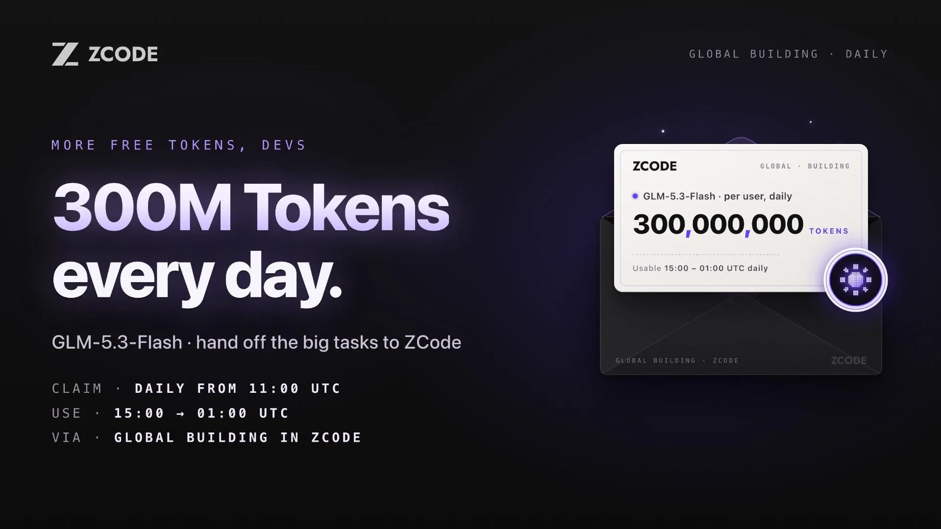 ZCode 每天 3 亿 Token 官方海报：11:00 UTC 起领取，15:00–01:00 UTC 可用
