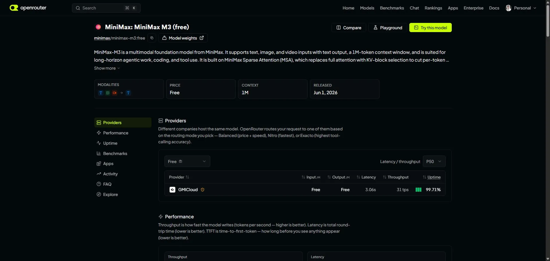 OpenRouter 上的 MiniMax M3 免费模型页