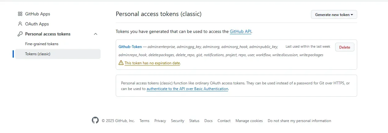 GitHub 创建 Personal access token 的页面