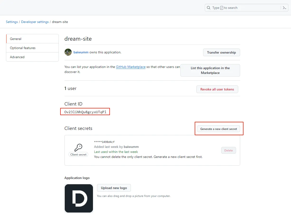 生成 GitHub OAuth Client Secret 密钥