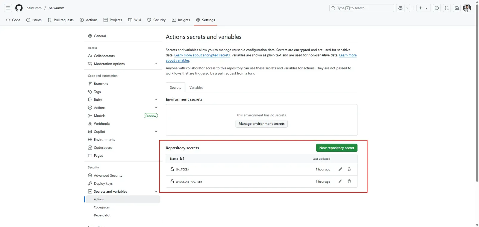 在 GitHub 仓库 Settings 中添加密钥