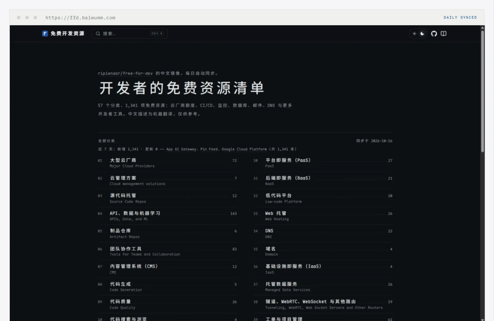 free-for-dev 中文版首页：57 个分类的开放索引，深色纸墨风格
