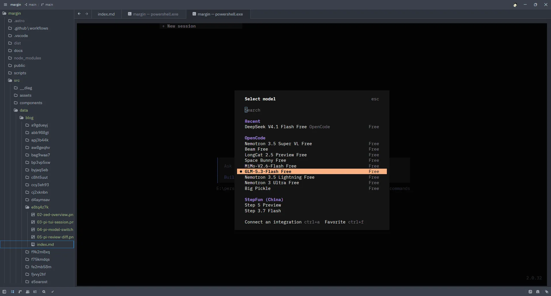 opencode 的模型选择器：OpenCode 分组下清一色带 Free 标记的免费模型，GLM-5.3-Flash Free 正被选中
